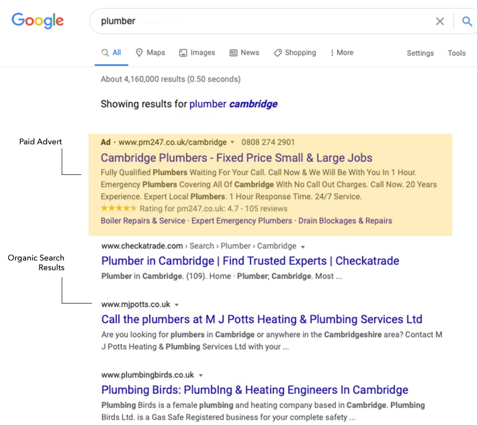 plumber cambridge organic and paid search results